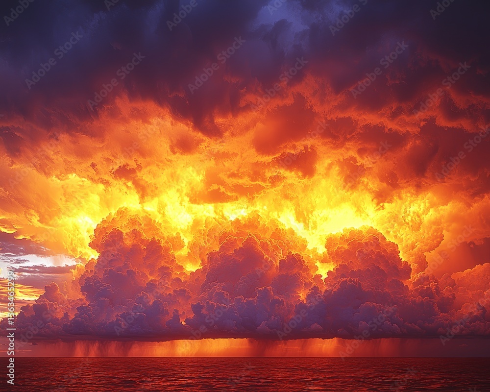 Dramatic sunset over ocean with vibrant clouds and distant rain showers Dramatic sunset over ocean with vibrant clouds and distant rain showers