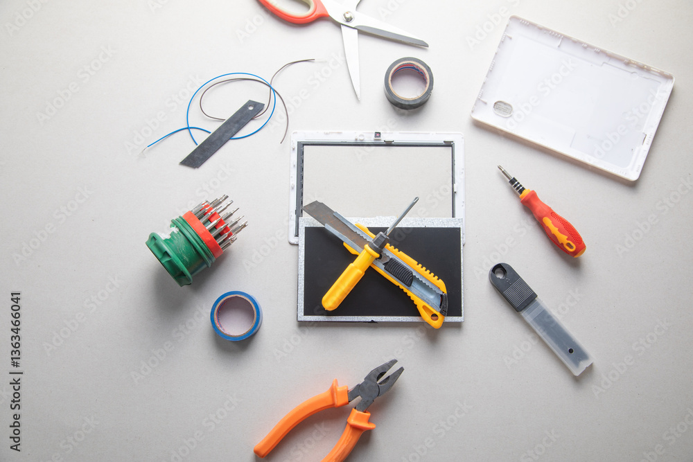 Various tools and broken tablet. Tablet repair Various tools and broken tablet. Tablet repair