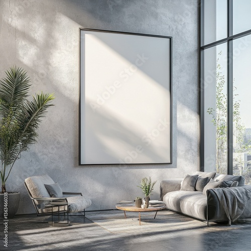 Modern living room with large blank frame, sofa, and chairs.