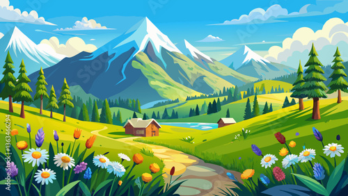 Sunny day in the alps. idyllic springtime mountain landscape with blooming meadows