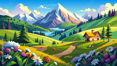 Sunny day in the alps. idyllic springtime mountain landscape with blooming meadows