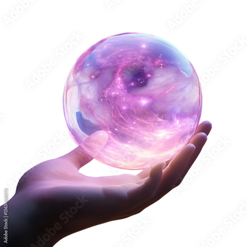 Hand Holding a Glowing Magic Crystal Ball with Cosmic Nebula Reflection, Mystical Sphere Held by Hand with Cosmic Patterns and Radiant Fantasy Glow