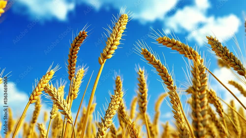 Golden wheat field swaying gently under a bright blue sky in the warm afternoon sunlight Golden wheat field swaying gently under a bright blue sky in the warm afternoon sunlight