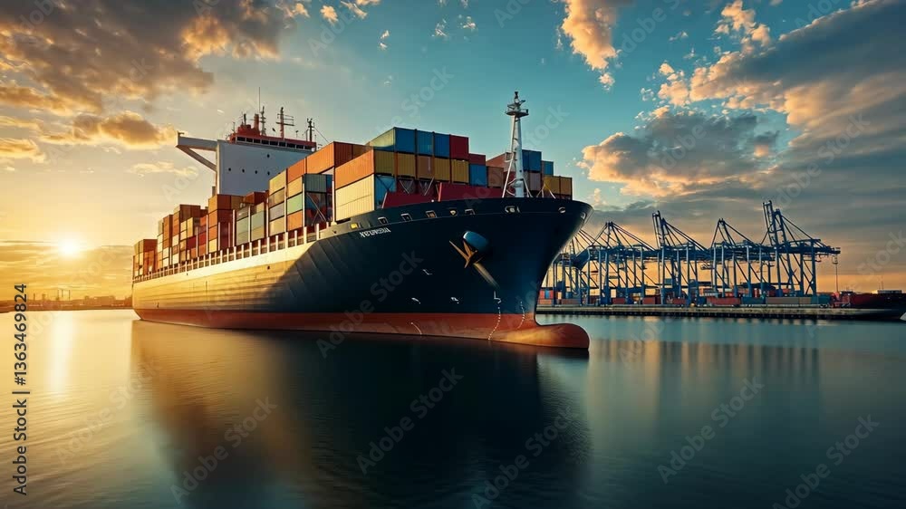 Container ship docks at bustling harbor during golden hour with cranes and clouds in the background