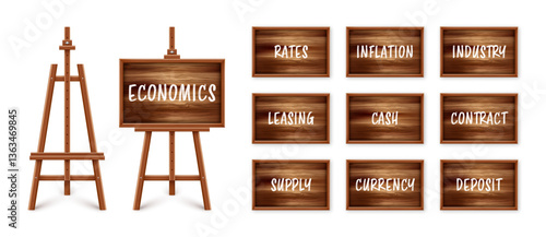 Wooden chalkboard on easel. Blackboard in wooden frame on a tripod. Presentation board with text, writing or drawing surface. Business investment, economics and finance. Vector illustration