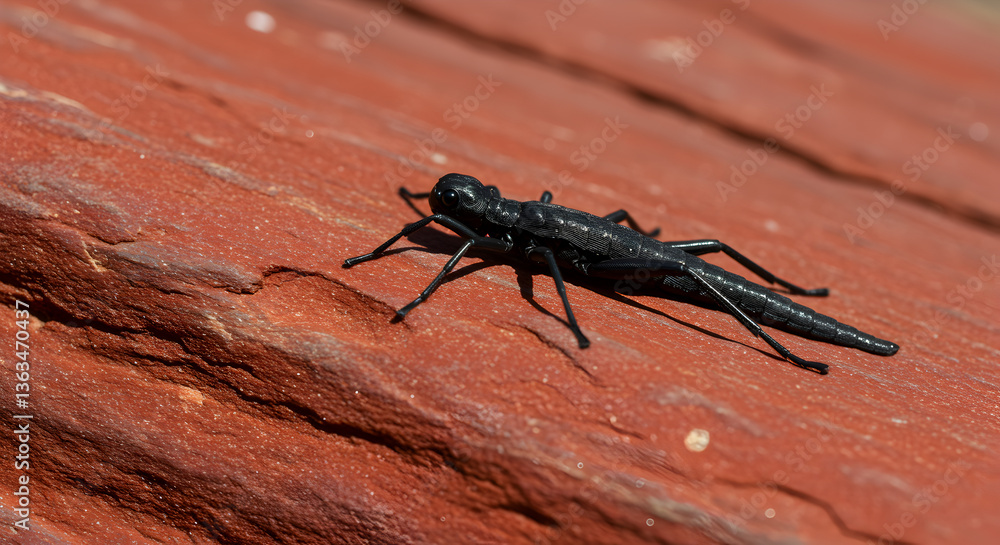 Black Insect Resting on a Textured Red Surface under Natural Sunlight Black Insect Resting on a Textured Red Surface under Natural Sunlight