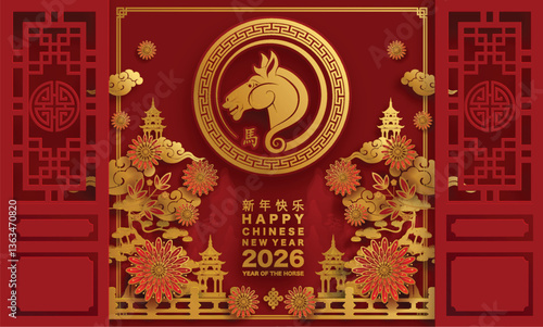 Happy chinese new year 2026 the horse zodiac sign with flower,lantern,asian elements red and gold color paper cut style on color background. ( Translation : happy new year 2026 year of the horse )