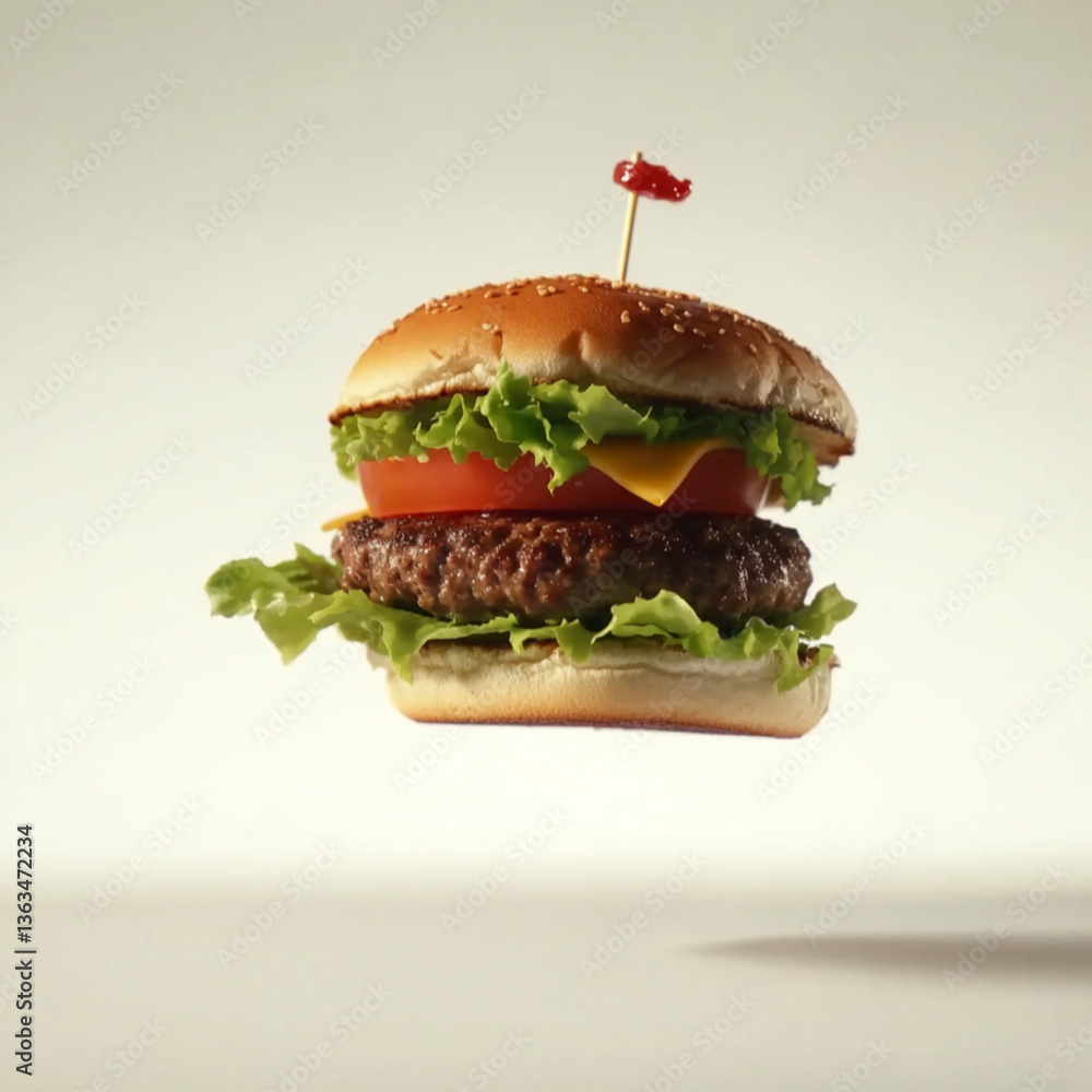 Perfectly bitten juicy burger with stretch cheese, iceberg lettuce, beef patty and tomato floats in space, white background Perfectly bitten juicy burger with stretch cheese, iceberg lettuce, beef patty and tomato floats in space, white background