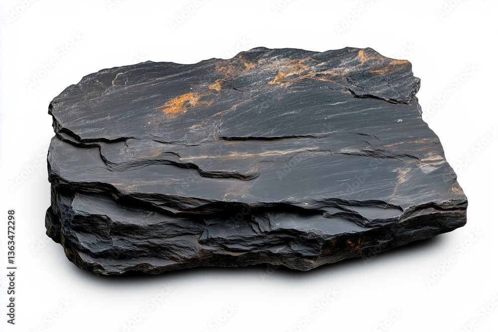 A slate rock with fine layers and a subtle sheen on a white background A slate rock with fine layers and a subtle sheen on a white background
