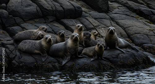 Captivating view of a gregarious group of seals basking on a rocky coastline