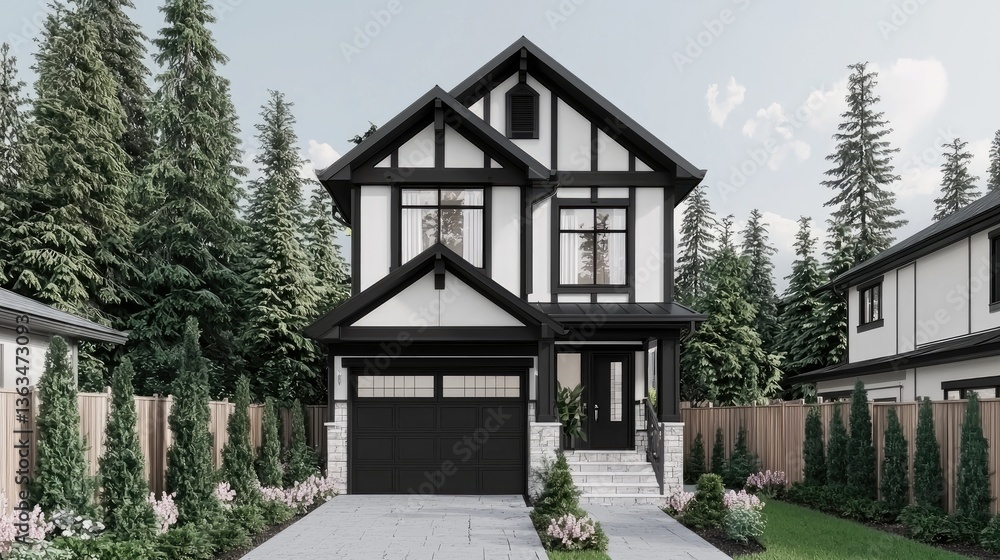 Fototapeta premium Elegant two-story modern home with black-white facade, surrounded by trees and grass. Real estate advertising