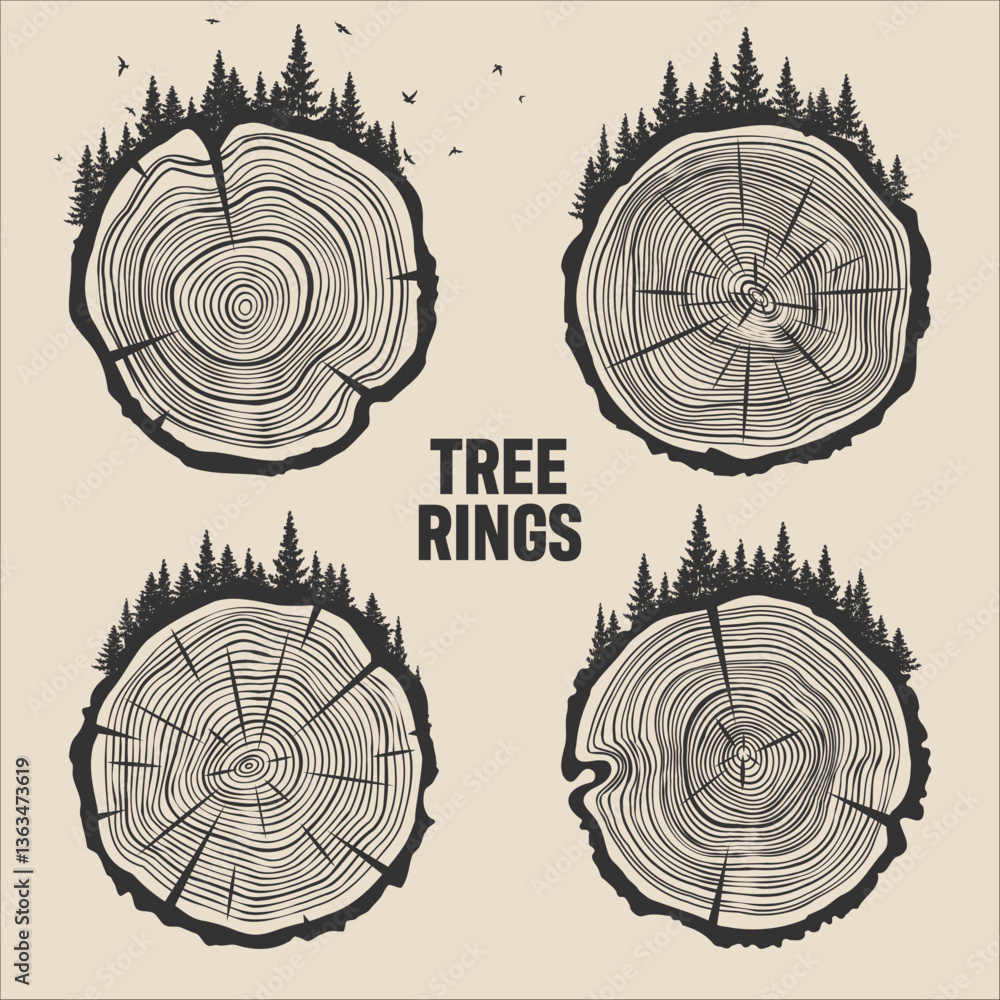 Round tree trunk cuts with trees, forest and birds. Sawn pine or oak slices, lumber. Saw cut timber, wood. Brown wooden texture with tree rings. Hand drawn sketch. Vector illustration