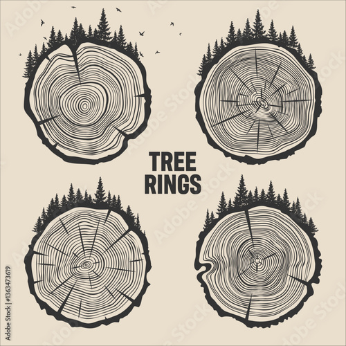 Obraz na płótnie Round tree trunk cuts with trees, forest and birds. Sawn pine or oak slices, lumber. Saw cut timber, wood. Brown wooden texture with tree rings. Hand drawn sketch. Vector illustration w salonie