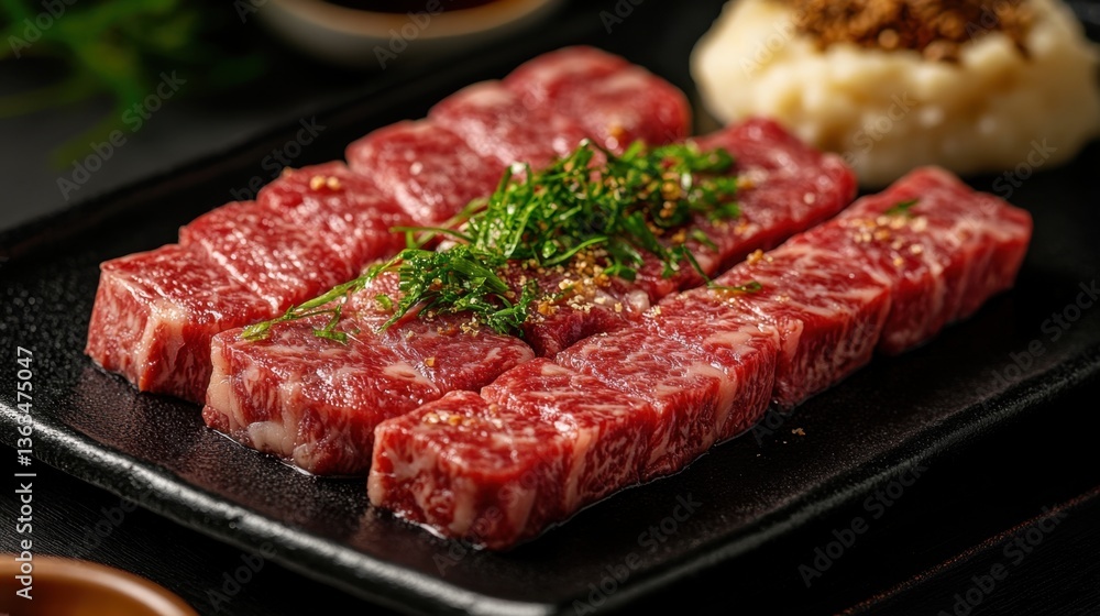 Gourmet Wagyu Beef Slices with Herbs on Black Ceramic Platter Gourmet Wagyu Beef Slices with Herbs on Black Ceramic Platter
