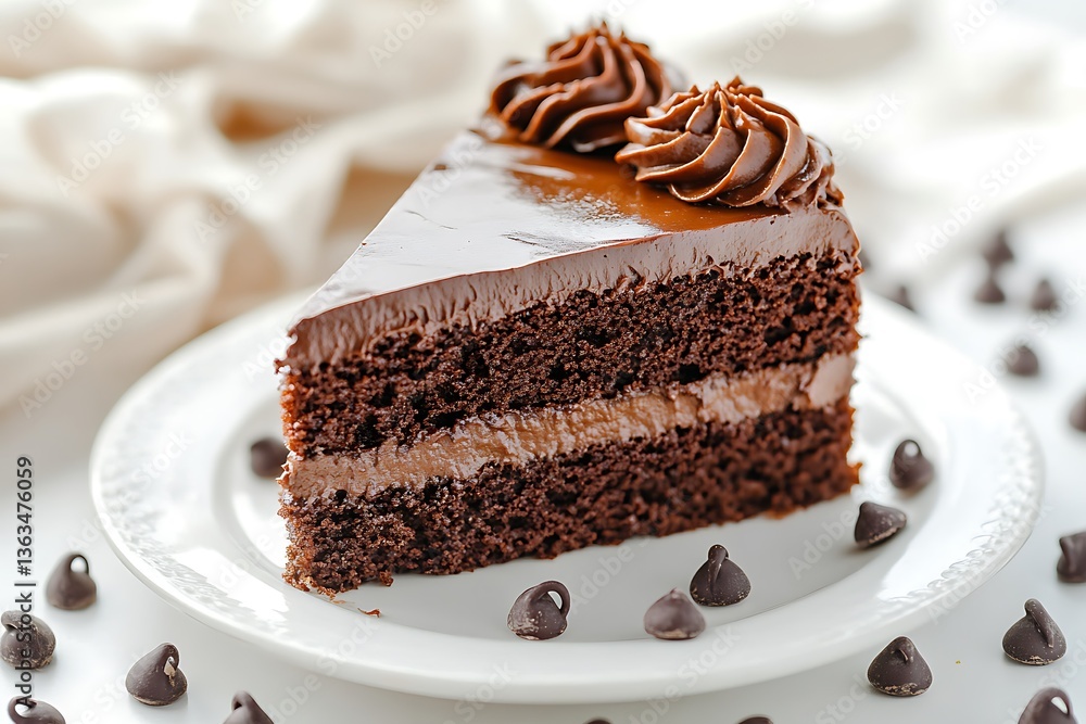 A slice of decadent chocolate cake on a white plate A slice of decadent chocolate cake on a white plate