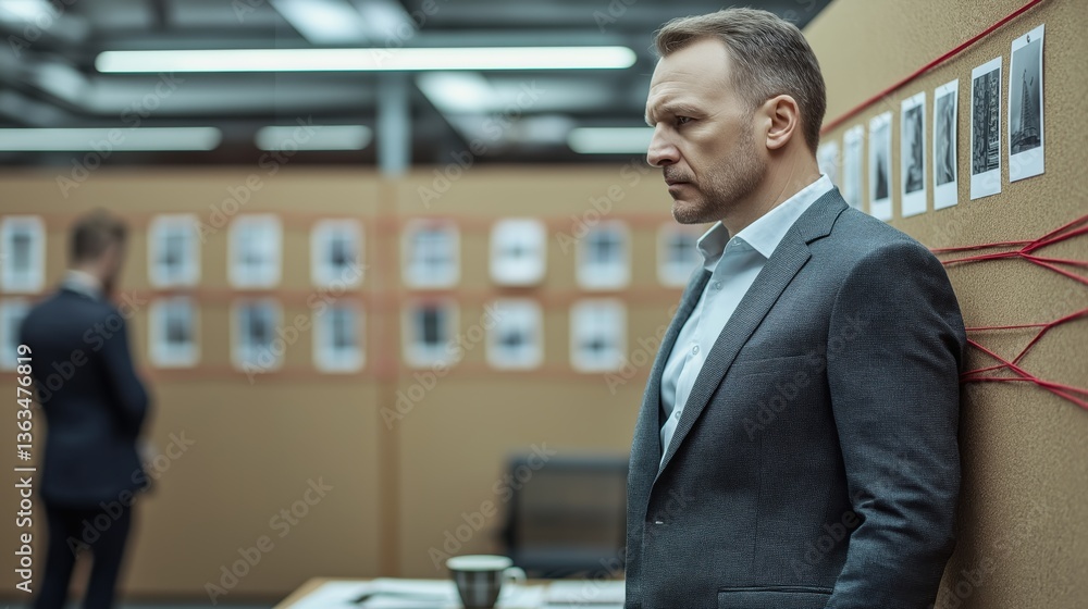 Fototapeta premium Investigative detective deep in thought at a mystery research location with evidence board illuminated by overhead lights