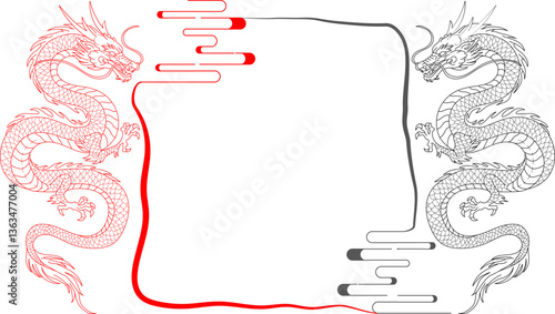 赤と黒の双龍のアジアンフレーム