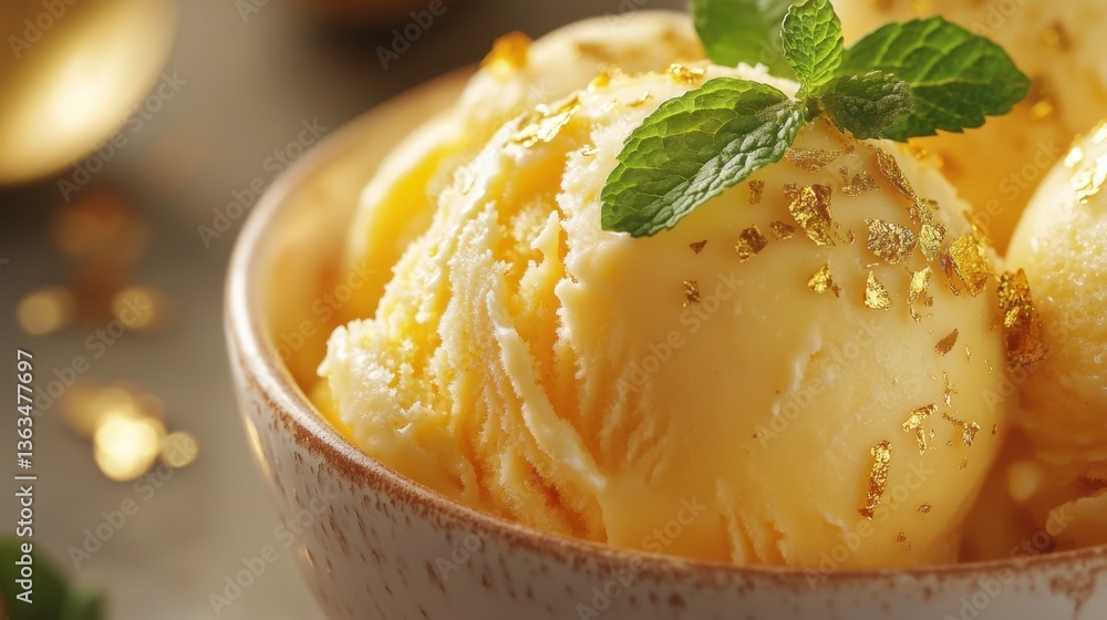 Luxurious Vanilla Ice Cream Topped with Edible Gold Flakes and Mint Luxurious Vanilla Ice Cream Topped with Edible Gold Flakes and Mint