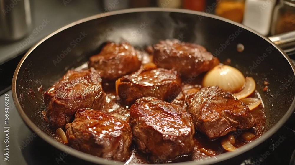 Searing beef cubes in a pan (2) Searing beef cubes in a pan (2)