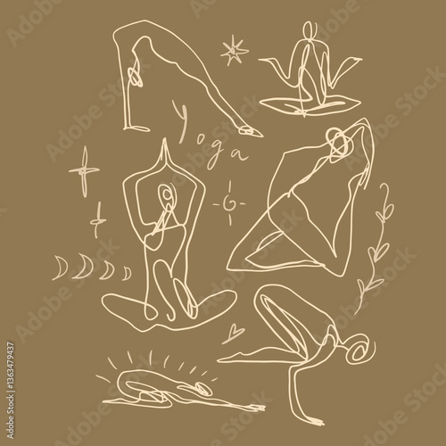 Yoga Meditation One Line Modern Brush Hand-Drawn Linear Drawing Illustration, Sport Wellness Yoga And Meditation Healing Woman Young Girl Body Vector Clip Art Studio Logo.