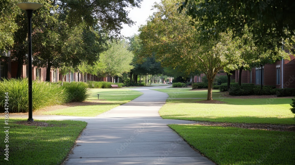 Winding paved walkway leading through lush college grounds, flanked by green trees and academic buildings under clear blue sky Winding paved walkway leading through lush college grounds, flanked by green trees and academic buildings under clear blue sky