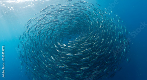 Mesmerizing school of tuna fish spiraling in clear blue ocean waters