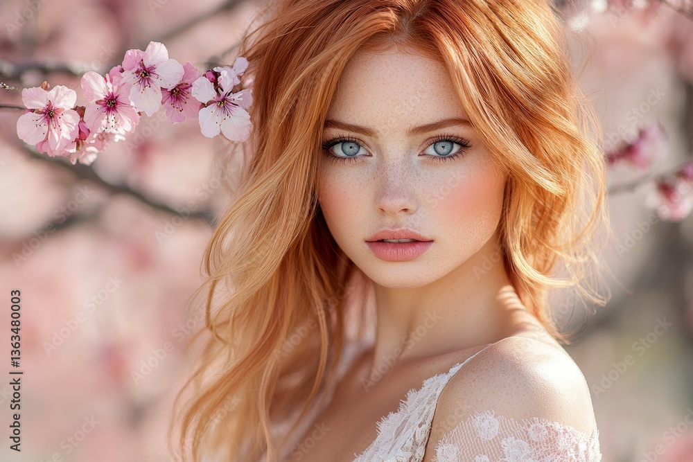 Spring mood, dawn light and fog. Commercial marketing creative. Lovely caucasian young woman surrounded by cherry blossoms. Woman in floral crown in commercial spring style. Spring mood, dawn light and fog. Commercial marketing creative. Lovely caucasian young woman surrounded by cherry blossoms. Woman in floral crown in commercial spring style.