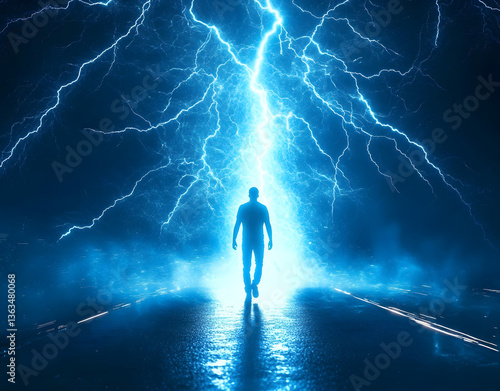 Silhouette of man walks to blue lightning flash. Electric discharge shines on glossy road. Sci-fi futuristic concept. Lightnings strikes. Person go to new technology, digital world.
