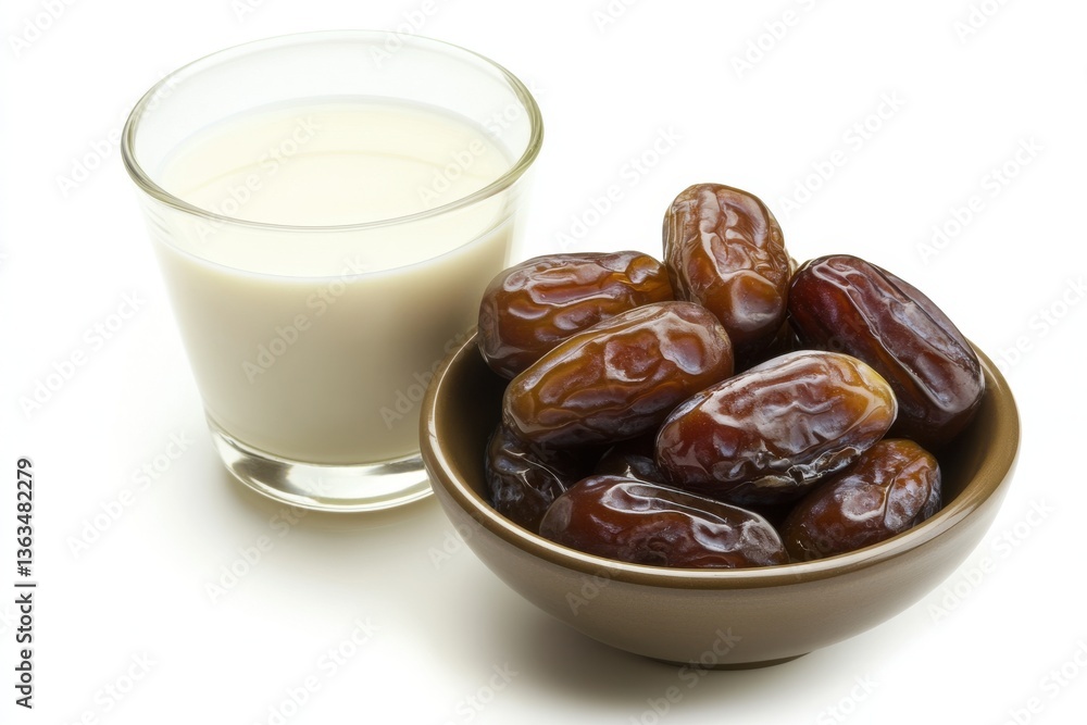A bowl of dates with a glass of milk, isolated on a white background. A bowl of dates with a glass of milk, isolated on a white background.