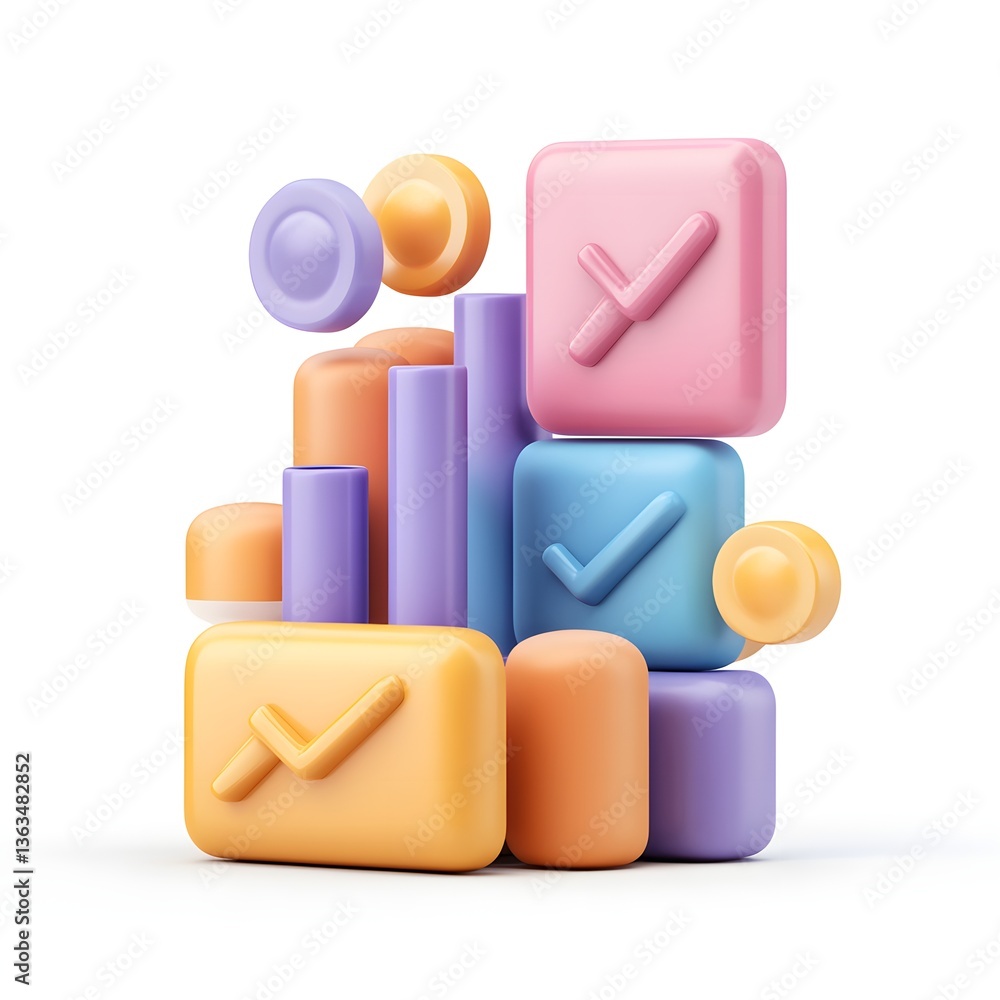 Colorful 3D Abstract Checkmarks and Geometric Shapes Design Element for Website Colorful 3D Abstract Checkmarks and Geometric Shapes Design Element for Website
