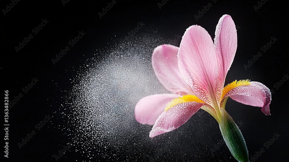 Fototapeta premium A pink flower with water droplets on black background and subtle sand speckles