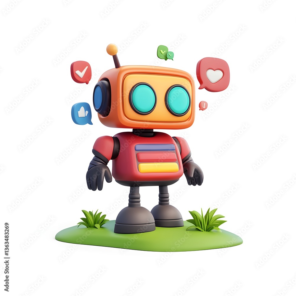 Naklejka premium Cute 3D Robot on Grass Receiving Social Media Likes and Notifications