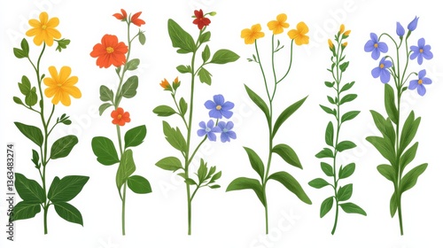 Colorful plants flat illustration with vibrant flowers and fresh green leaves on a white background