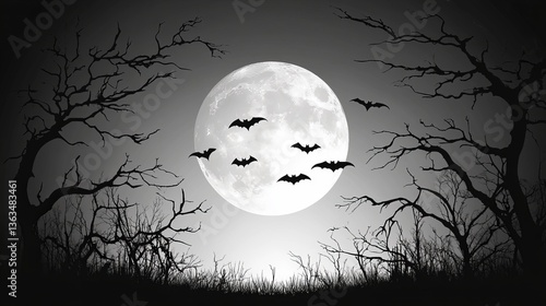 A minimalistic illustration of a full moon surrounded by bats and leafless trees against a dark background