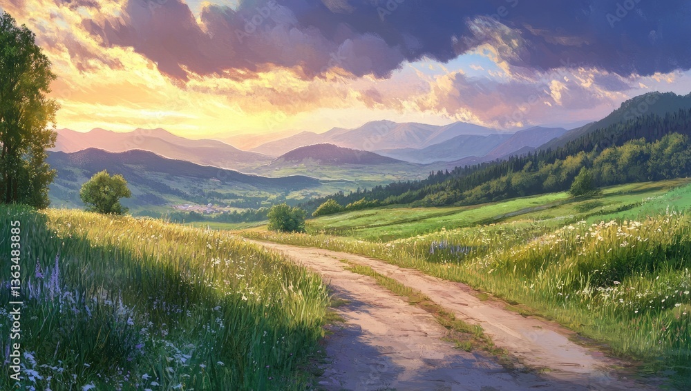 Scenic mountain path at sunset. Rolling hills, wildflowers, and a dirt road wind through a valley bathed in golden light. Clouds fill the sky Scenic mountain path at sunset. Rolling hills, wildflowers, and a dirt road wind through a valley bathed in golden light. Clouds fill the sky