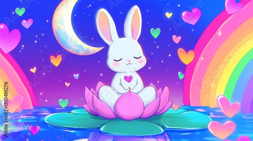 Cute white bunny meditating on a lotus flower under a dreamy rainbow sky.