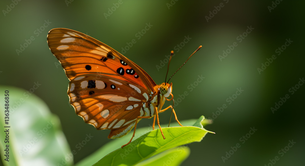 Captivating gulf fritillary butterfly resting delicately on a vibrant green leaf Captivating gulf fritillary butterfly resting delicately on a vibrant green leaf