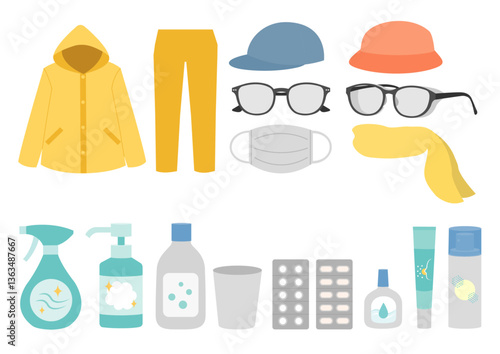 花粉症対策用のグッズのイラストのセット
