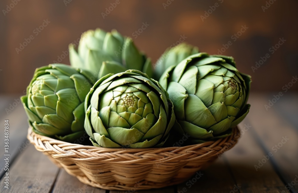 Obraz premium Fresh green artichokes in wicker basket on rustic wooden table background. Close up of edible vegetable flower bud, healthy natural food. Organic vegetarian cooking ingredient for culinary art.