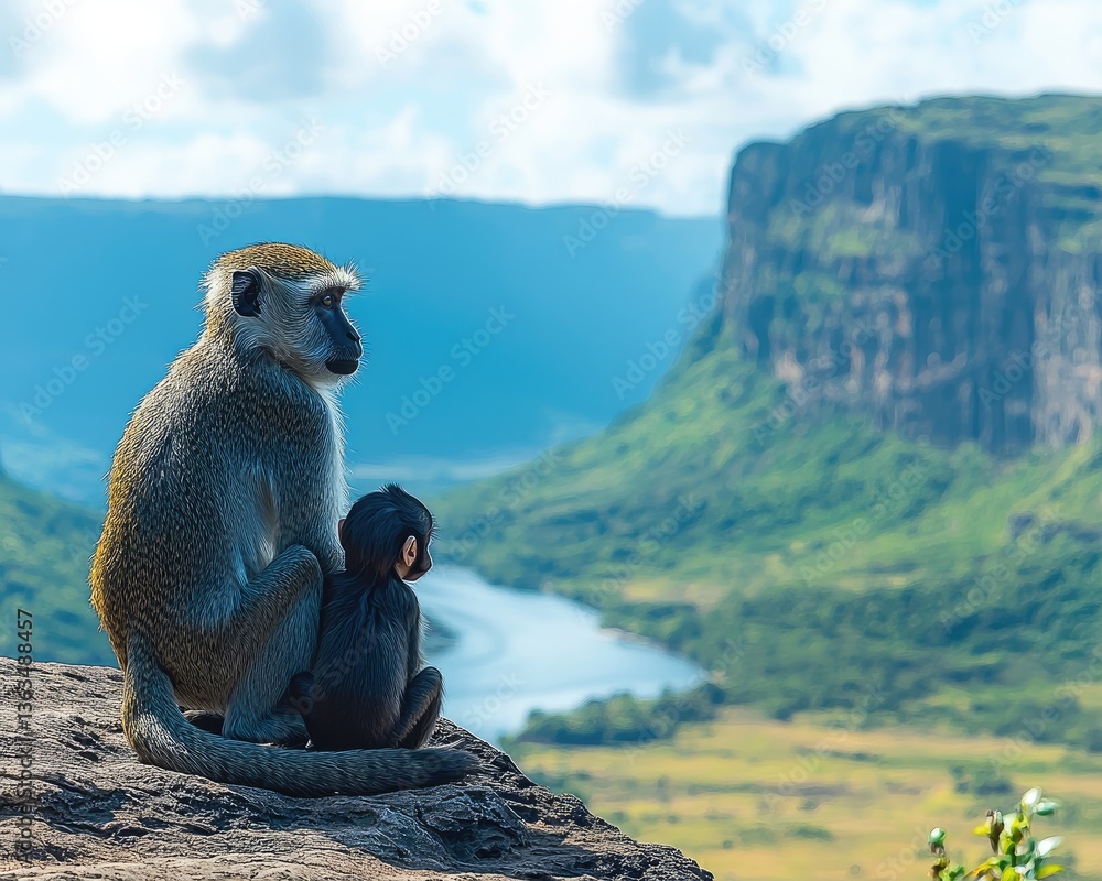 Obraz premium A mother monkey and her baby sit on a rocky ledge overlooking a lush valley