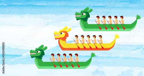 Three vibrant dragon boats racing across a whimsical, cloud-filled sky, each manned by a team of rowers, ready to embrace the festive spirit of the dragon boat festival. The design is clean.