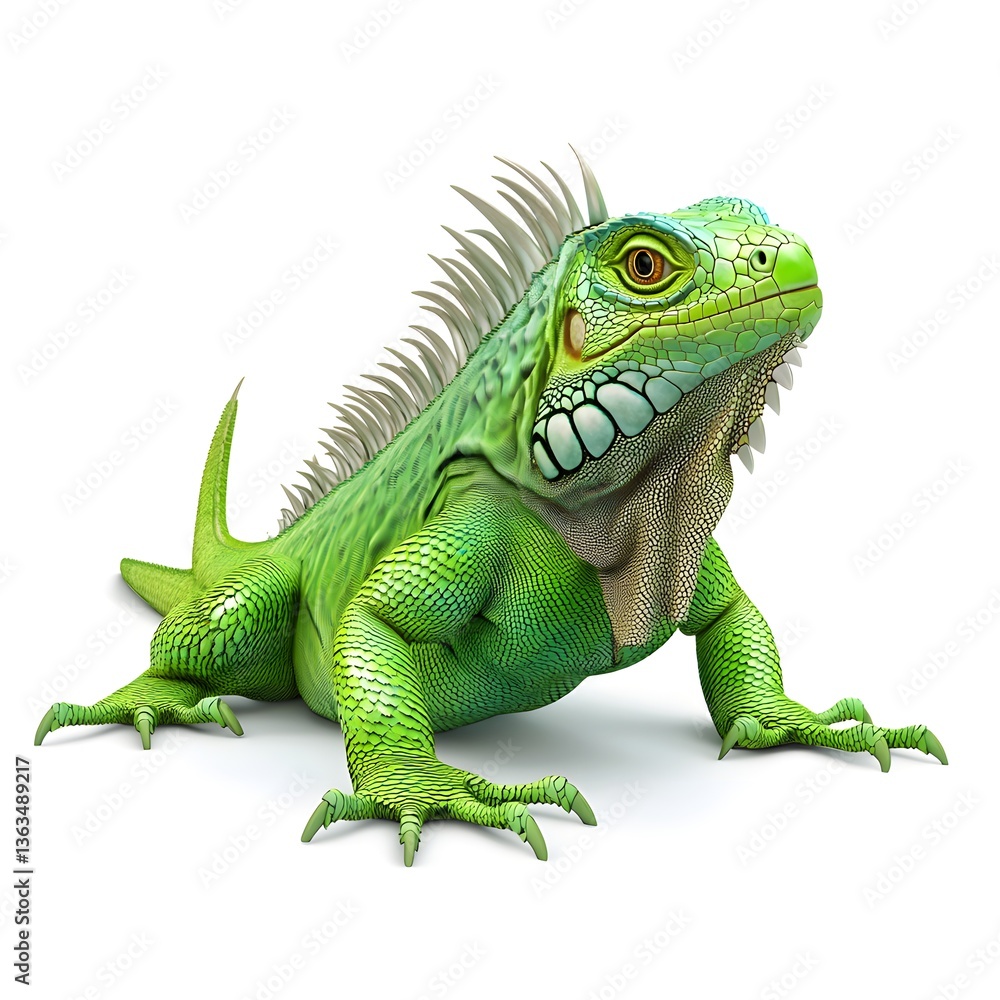 Obraz premium Vibrant Green Iguana Lizard Reptile Close up Studio Shot on White Background