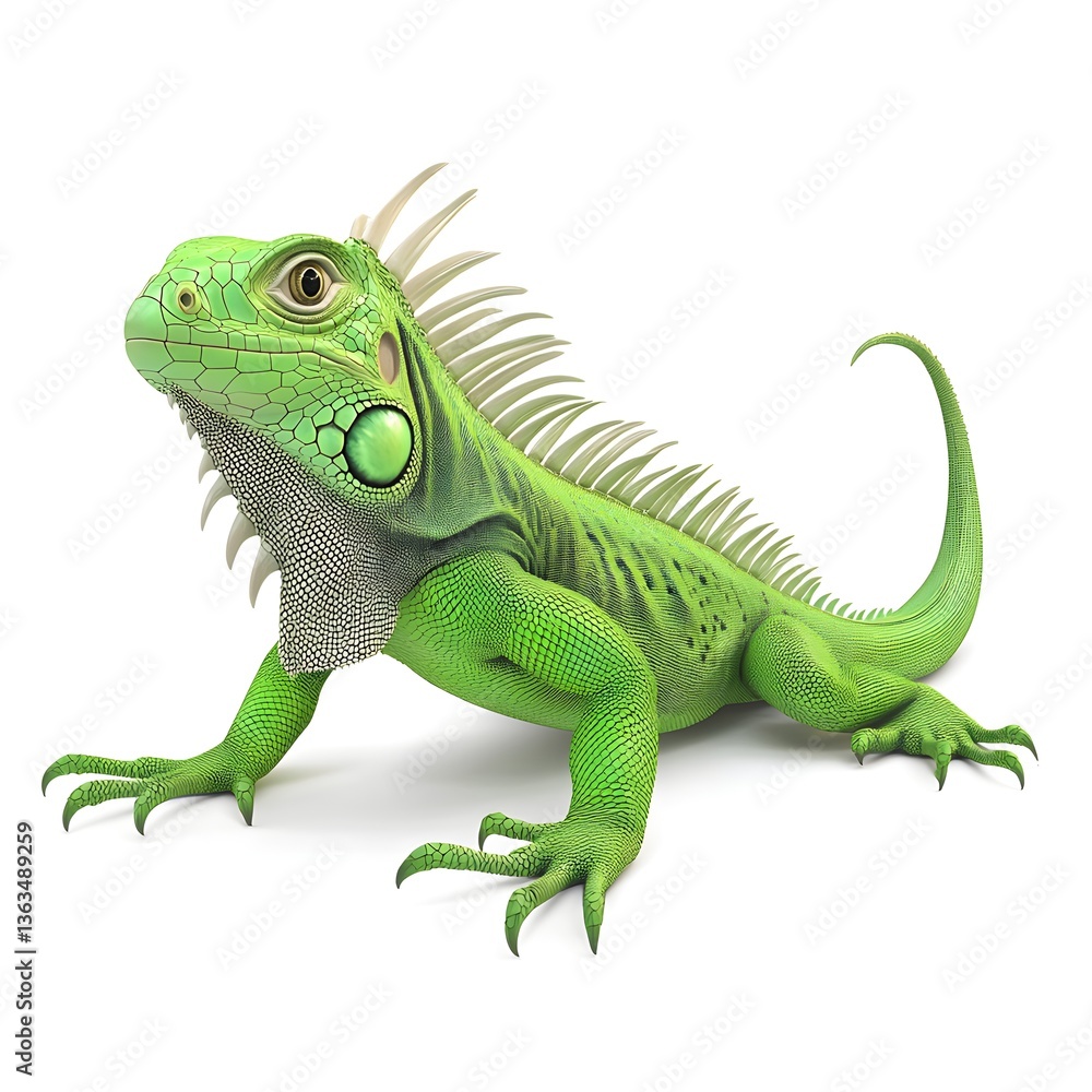 Obraz premium Green Iguana Lizard Reptile Close Up Detailed View Profile Isolated on White Background