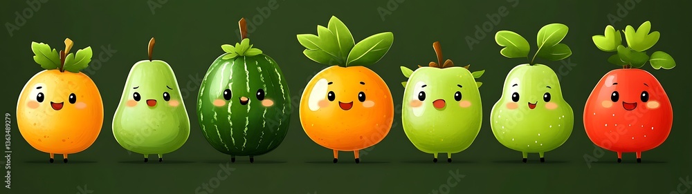 Adorable cartoon fruits with happy faces stand in a row Adorable cartoon fruits with happy faces stand in a row