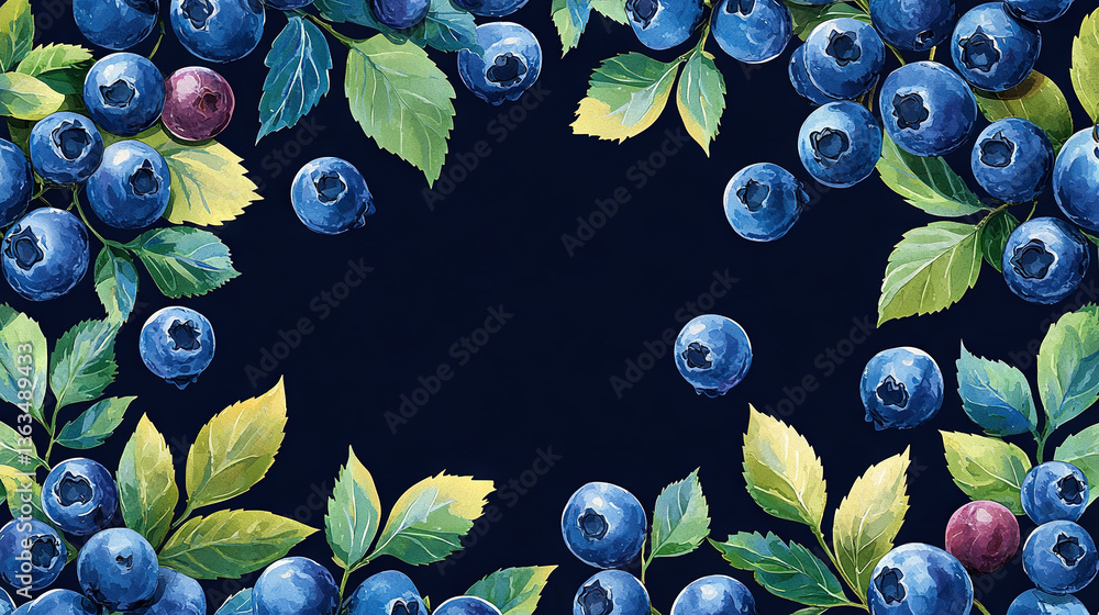 A beautiful painting of blueberries and leaves against a black backdrop features the word guck in elegant cursive script