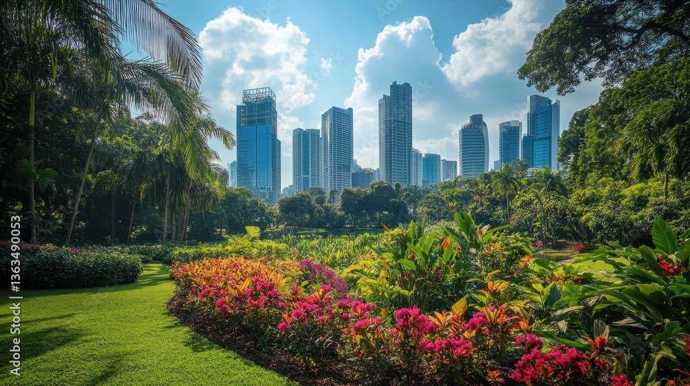 Fototapeta premium A beautiful botanical garden flourishes amidst a modern city skyline, showcasing vibrant flowers and lush greenery under a bright blue sky