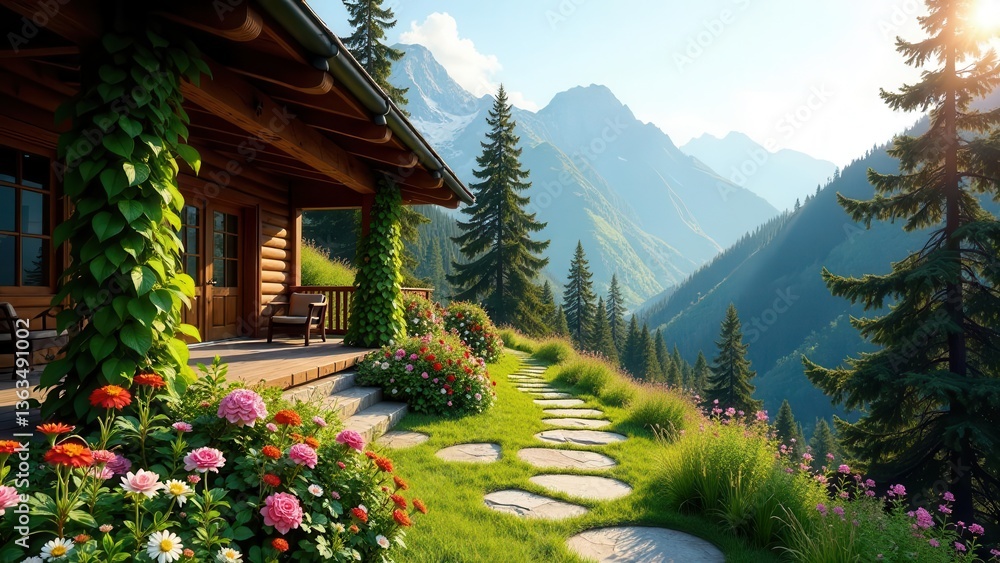 Fototapeta premium Serene Mountain Cabin Retreat with Blooming Flower Garden and Stone Pathway