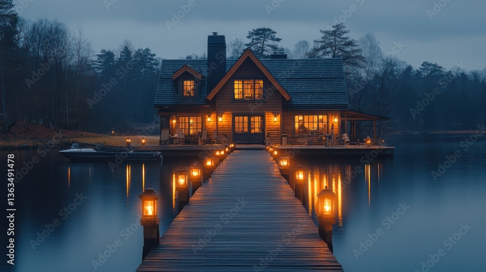 Lakeside cabin at dusk, illuminated walkway. Lakeside cabin at dusk, illuminated walkway.