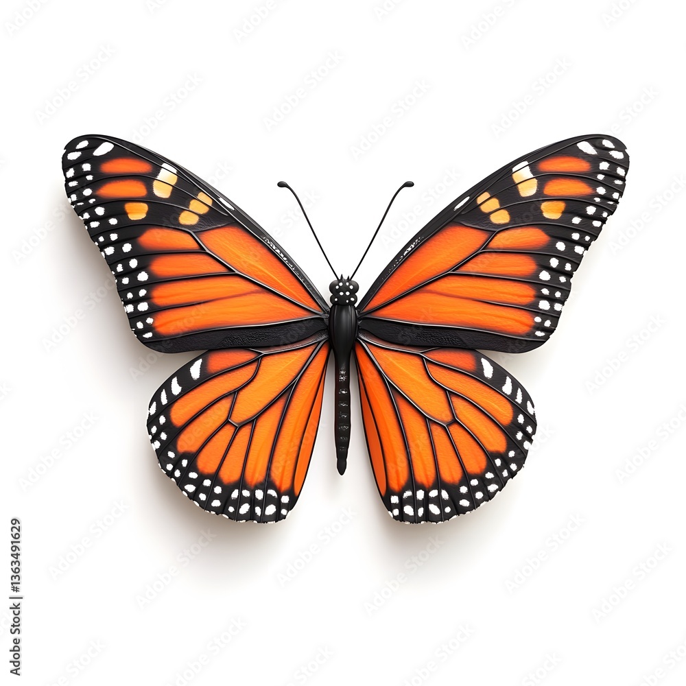 Fototapeta premium Vibrant Monarch Butterfly Isolated on White Background Detailed Wing Pattern Insect Nature
