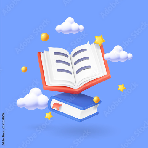 Reading literature concept. Books 3d icon flying with clouds and stars, Education and online class concept. Library, opened closed books stack Vector. Literary world